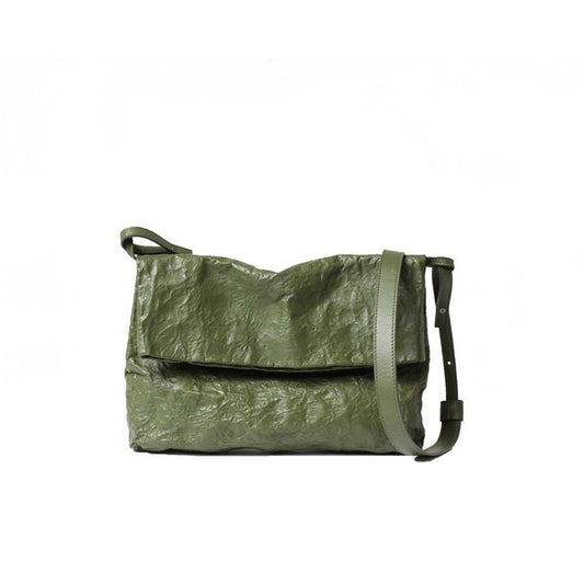 GALATEA OLIVE ALUMINIUM – Italian handmade oversized clutch in olive green nappa leather with aluminium crumpled effect