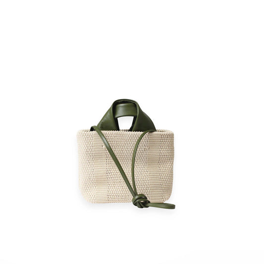 TANIA GREEN – small Italian handmade bag in waxed cotton with nappa leather handles, front and side view